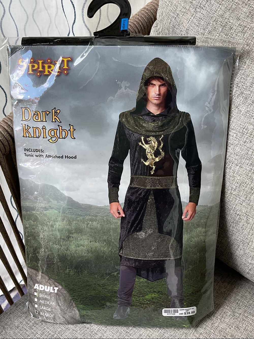 Spirit Dark Knight Costume in Black and Gold Hooded Tunic, Size XL